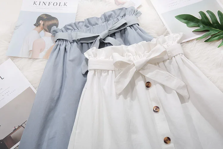 Women Casual Cotton Skirts Spring Summer Korean Style Solid Elegant High Waist Single-Breasted Bow Lace Up A-Line Midi Skir
