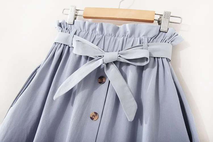 Women Casual Cotton Skirts Spring Summer Korean Style Solid Elegant High Waist Single-Breasted Bow Lace Up A-Line Midi Skir