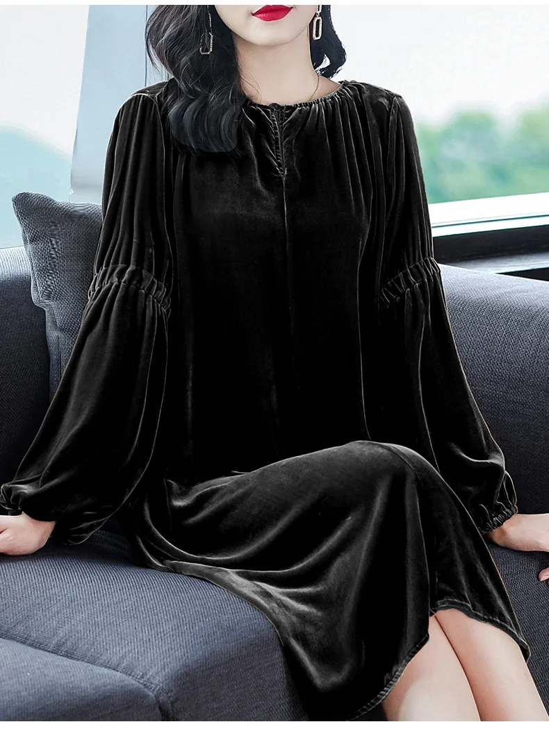 Plus Size Autumn Long Sleeve Vintage Velvet Party Dress Korean Fashion Winter Long Sleeve Elegant Retro Street Wear Velour Dress