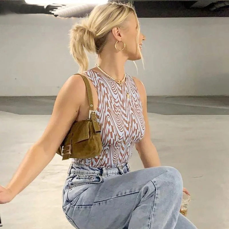 90s Aesthetics Striped Print Crop Tops Y2K Summer Streetwear Sleeveless O-neck Green Baby Tanks Women 2021 Sexy Vests