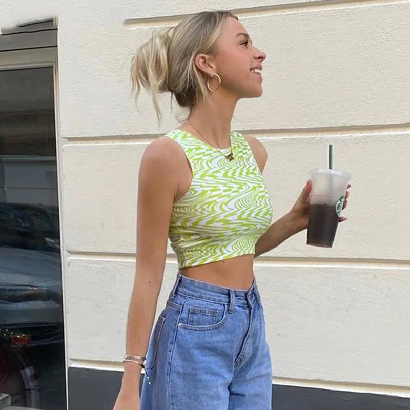 90s Aesthetics Striped Print Crop Tops Y2K Summer Streetwear Sleeveless O-neck Green Baby Tanks Women 2021 Sexy Vests