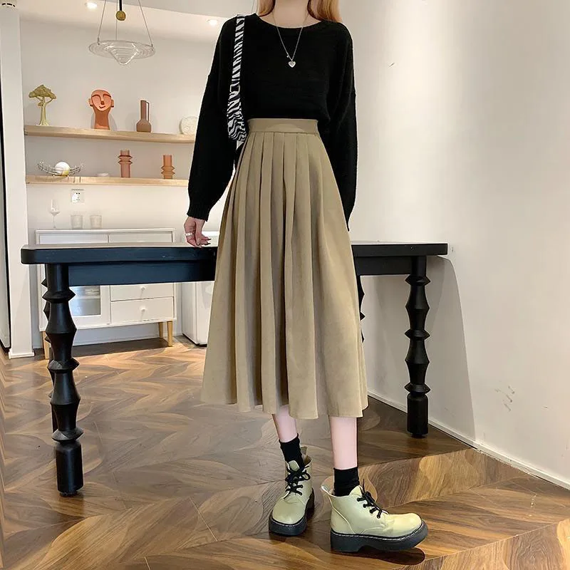 Lucyever Vintage Brown High Waist Pleated Skirt Women Korean Fashion College Style Long Skirt Ladies Autumn Casual A line Skirts