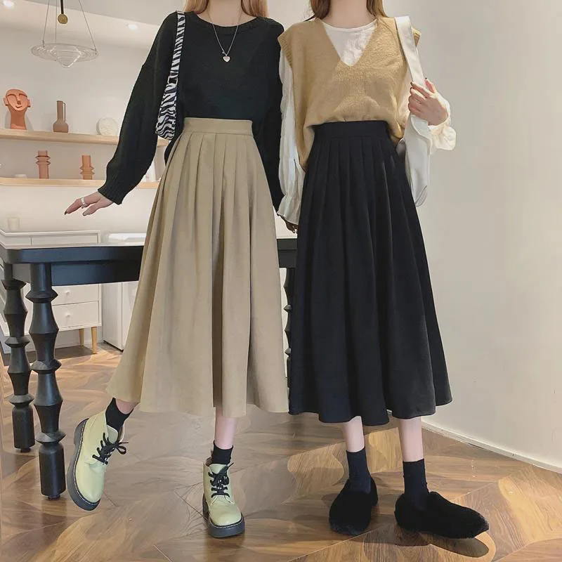Lucyever Vintage Brown High Waist Pleated Skirt Women Korean Fashion College Style Long Skirt Ladies Autumn Casual A line Skirts