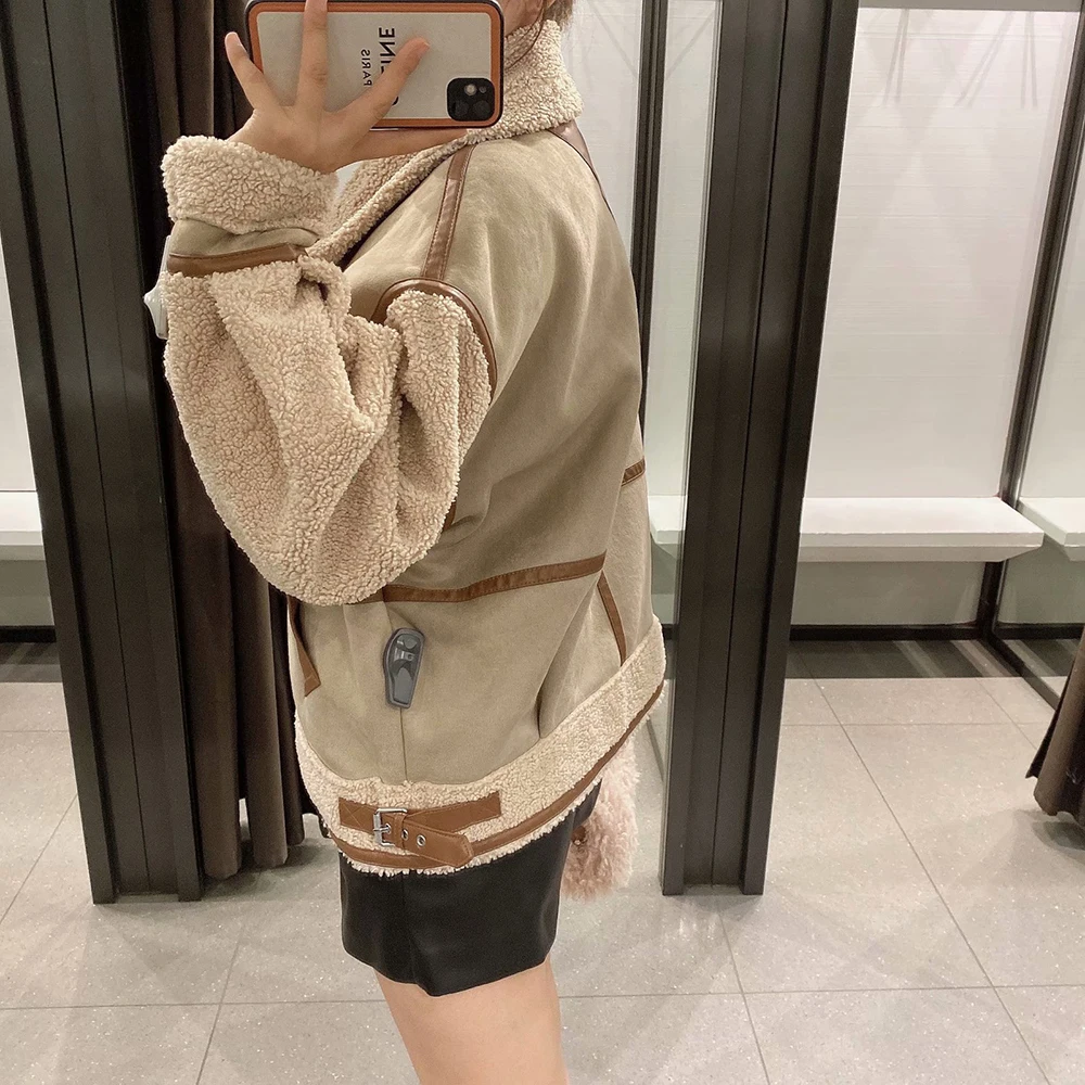 Women's Fashion Stitching Faux Leather Lamb  Jacket With Zipper Decoration Stand Collar Thickening Warm Winter New Jacket