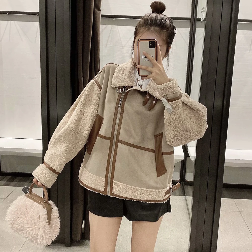 Women's Fashion Stitching Faux Leather Lamb  Jacket With Zipper Decoration Stand Collar Thickening Warm Winter New Jacket