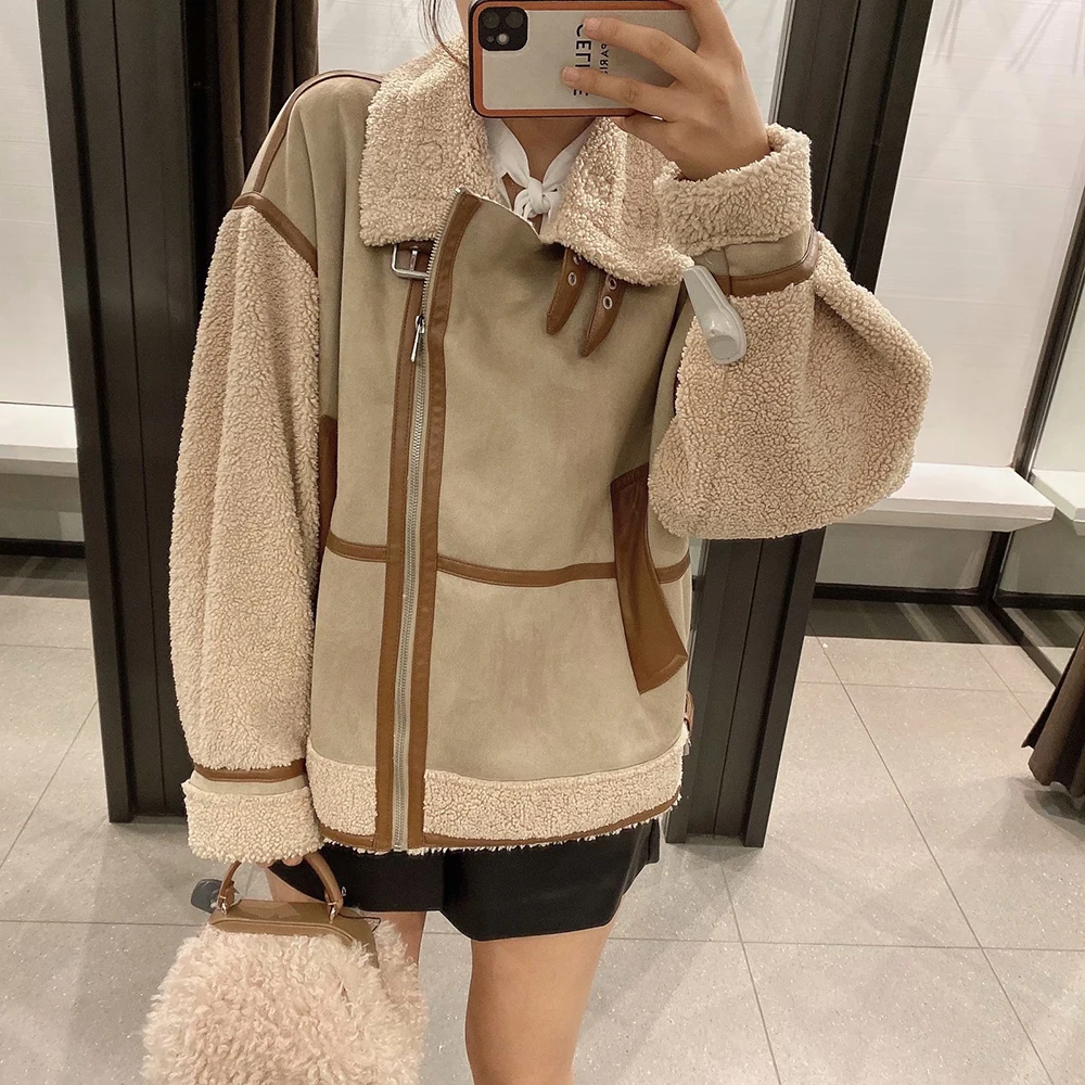 Women's Fashion Stitching Faux Leather Lamb  Jacket With Zipper Decoration Stand Collar Thickening Warm Winter New Jacket