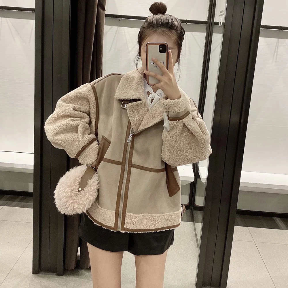 Women's Fashion Stitching Faux Leather Lamb  Jacket With Zipper Decoration Stand Collar Thickening Warm Winter New Jacket