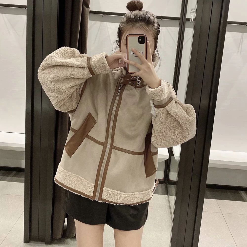 Women's Fashion Stitching Faux Leather Lamb  Jacket With Zipper Decoration Stand Collar Thickening Warm Winter New Jacket