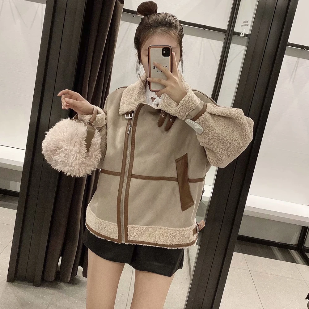 Women's Fashion Stitching Faux Leather Lamb  Jacket With Zipper Decoration Stand Collar Thickening Warm Winter New Jacket
