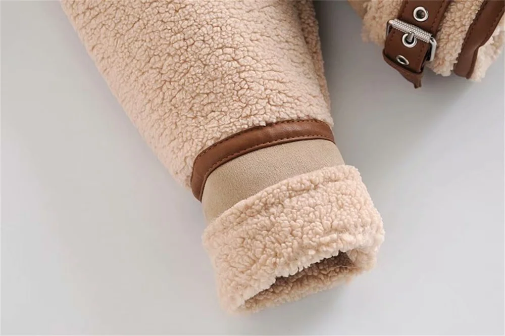 Women's Fashion Stitching Faux Leather Lamb  Jacket With Zipper Decoration Stand Collar Thickening Warm Winter New Jacket