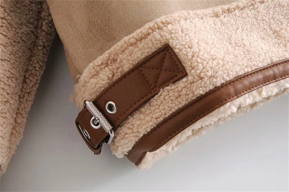 Women's Fashion Stitching Faux Leather Lamb  Jacket With Zipper Decoration Stand Collar Thickening Warm Winter New Jacket