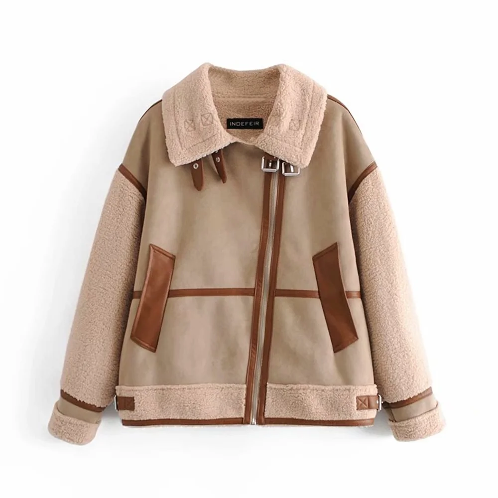 Women's Fashion Stitching Faux Leather Lamb  Jacket With Zipper Decoration Stand Collar Thickening Warm Winter New Jacket