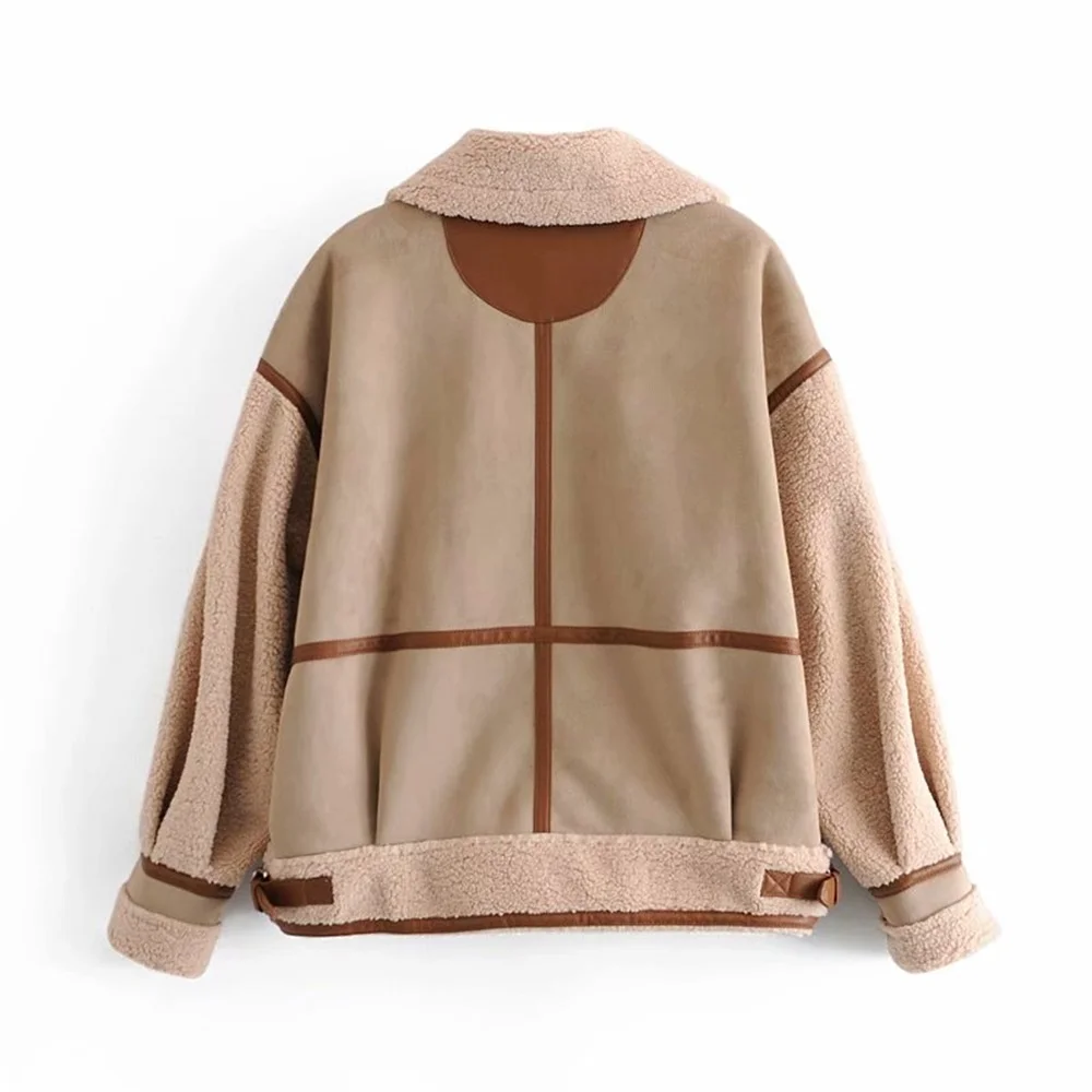 Women's Fashion Stitching Faux Leather Lamb  Jacket With Zipper Decoration Stand Collar Thickening Warm Winter New Jacket