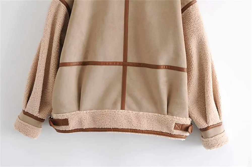 Women's Fashion Stitching Faux Leather Lamb  Jacket With Zipper Decoration Stand Collar Thickening Warm Winter New Jacket