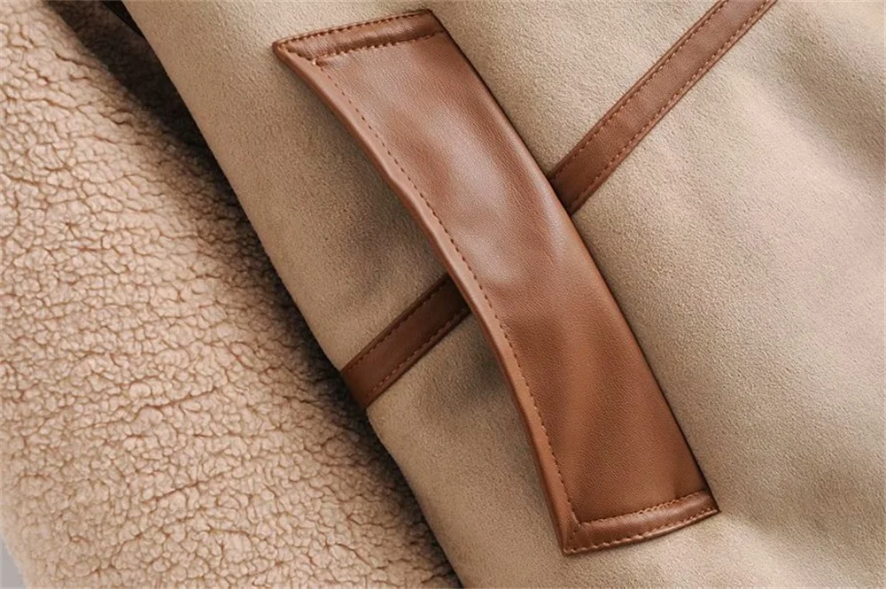 Women's Fashion Stitching Faux Leather Lamb  Jacket With Zipper Decoration Stand Collar Thickening Warm Winter New Jacket