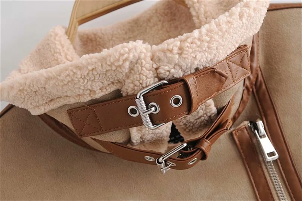 Women's Fashion Stitching Faux Leather Lamb  Jacket With Zipper Decoration Stand Collar Thickening Warm Winter New Jacket