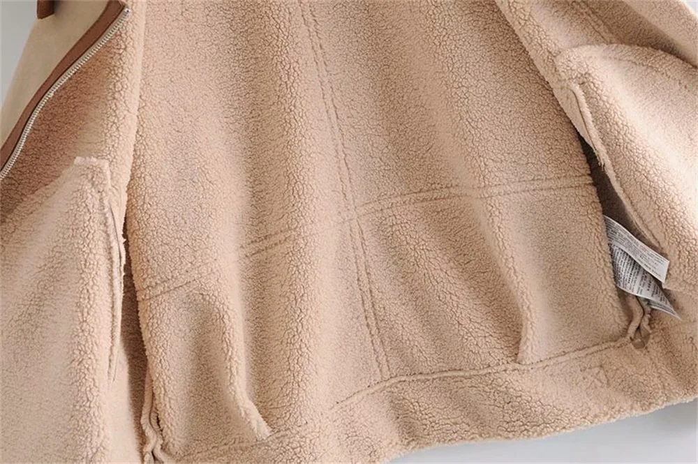 Women's Fashion Stitching Faux Leather Lamb  Jacket With Zipper Decoration Stand Collar Thickening Warm Winter New Jacket