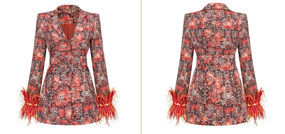 Temperament Floral Suit Collar Waist Decorative Belt Elegant Dress, Women's Fitted Cuff Decorated Feather Party Dress Coat
