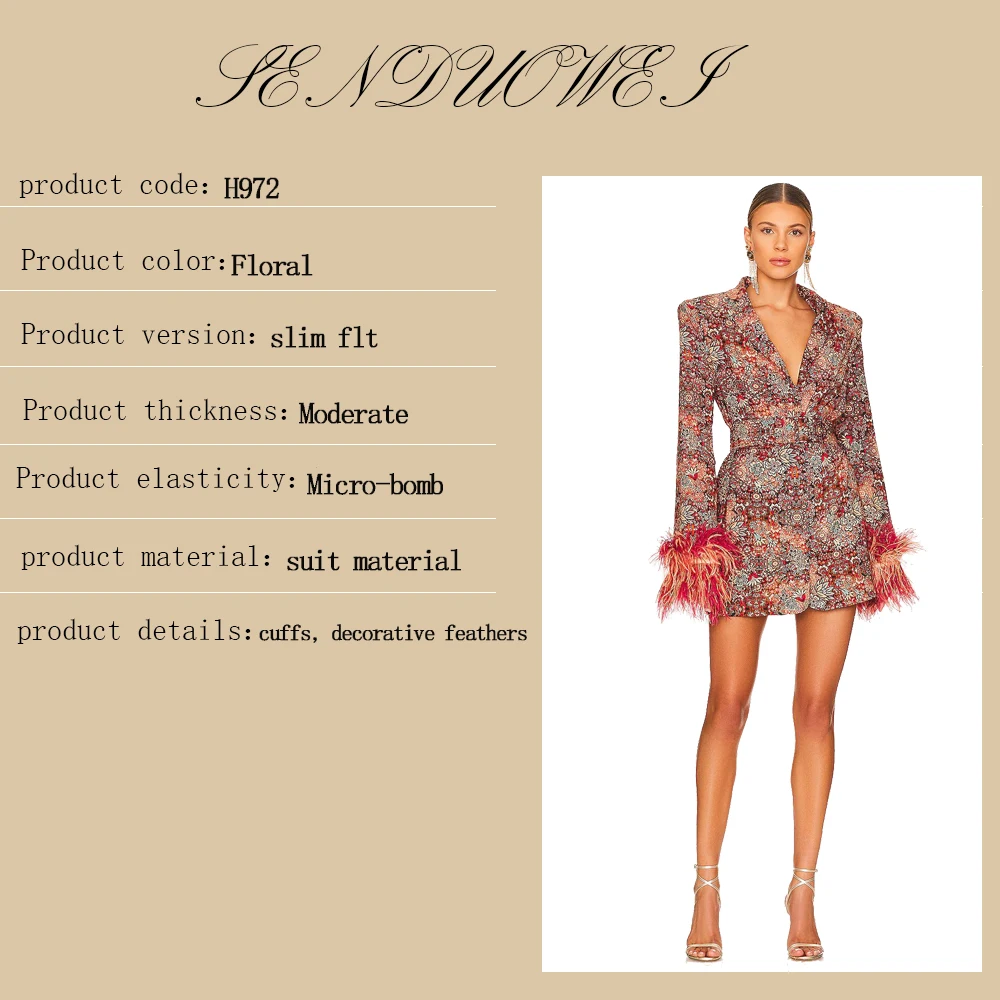Temperament Floral Suit Collar Waist Decorative Belt Elegant Dress, Women's Fitted Cuff Decorated Feather Party Dress Coat