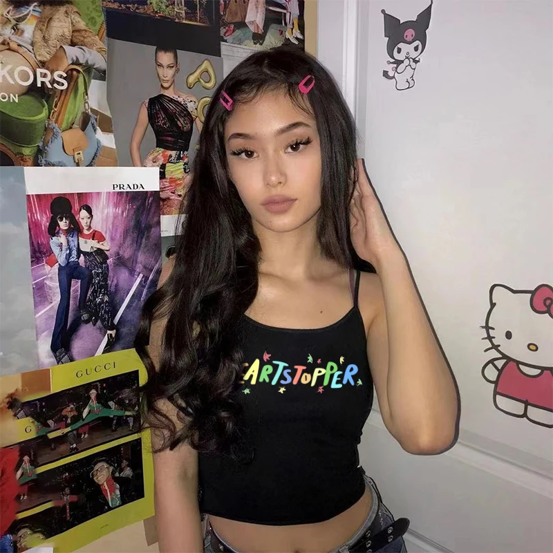 Vintage Graphic Heartstopper Letter Print T-Shirt Women Streetwear Short Sleeve Slim Crop Top Sexys Femme Summer Tank Top Y2K