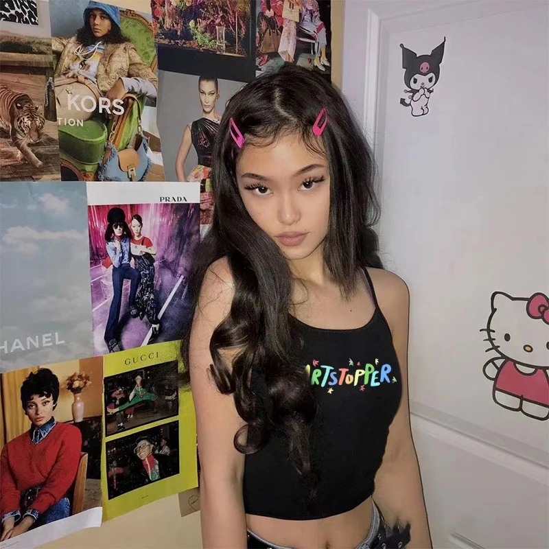 Vintage Graphic Heartstopper Letter Print T-Shirt Women Streetwear Short Sleeve Slim Crop Top Sexys Femme Summer Tank Top Y2K