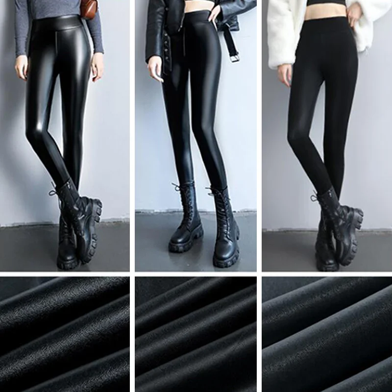 Winter Warm PU Leather Leggings Women Leather Pantalones High Waist Thermal Tights Stretchy Pants Winter Fleece Lined Trousers
