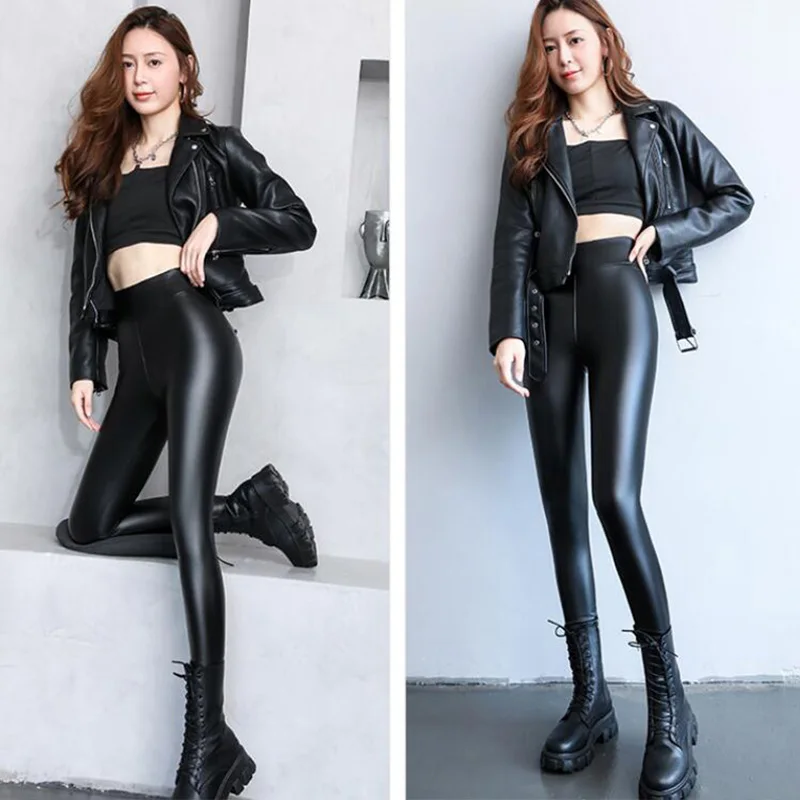 Winter Warm PU Leather Leggings Women Leather Pantalones High Waist Thermal Tights Stretchy Pants Winter Fleece Lined Trousers