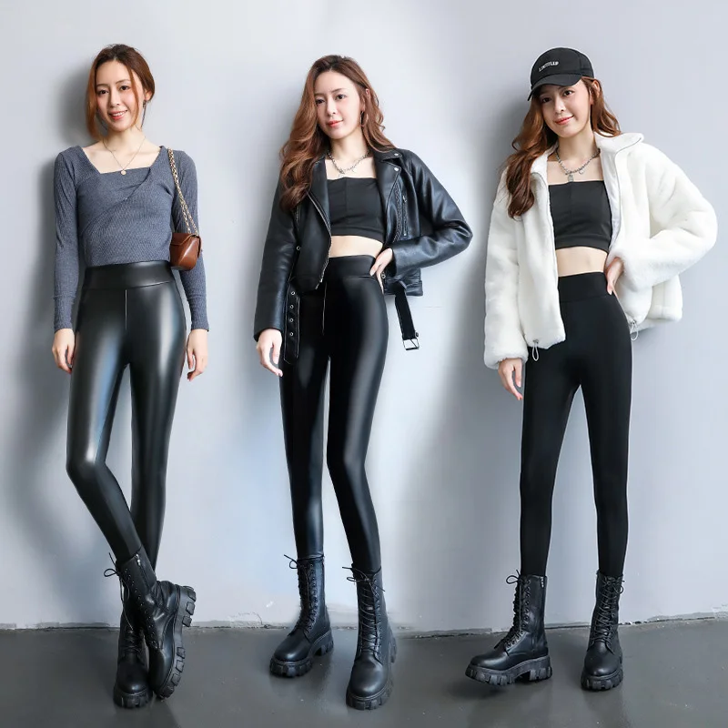 Winter Warm PU Leather Leggings Women Leather Pantalones High Waist Thermal Tights Stretchy Pants Winter Fleece Lined Trousers