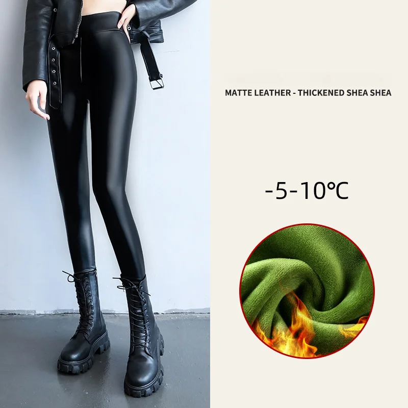 Winter Warm PU Leather Leggings Women Leather Pantalones High Waist Thermal Tights Stretchy Pants Winter Fleece Lined Trousers