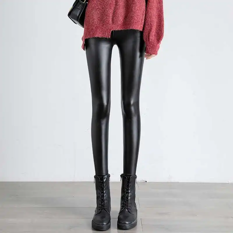 Winter Warm PU Leather Leggings Women Leather Pantalones High Waist Thermal Tights Stretchy Pants Winter Fleece Lined Trousers