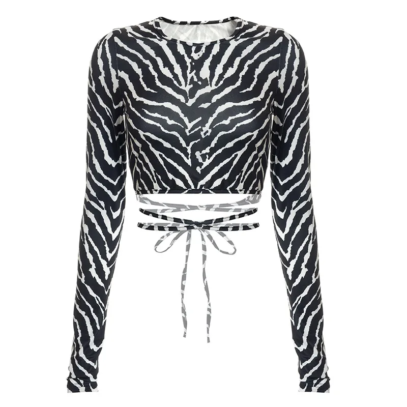 Sexy Backless Lace ups Pullover Tees Women Autumn Black O-neck Slim Longsleeve Short T-Shirt