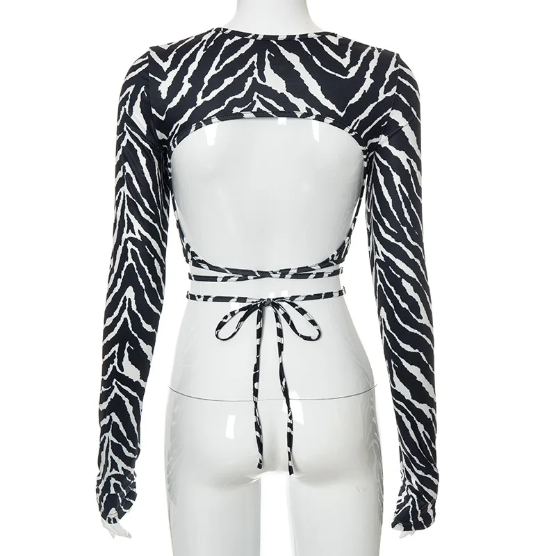 Sexy Backless Lace ups Pullover Tees Women Autumn Black O-neck Slim Longsleeve Short T-Shirt