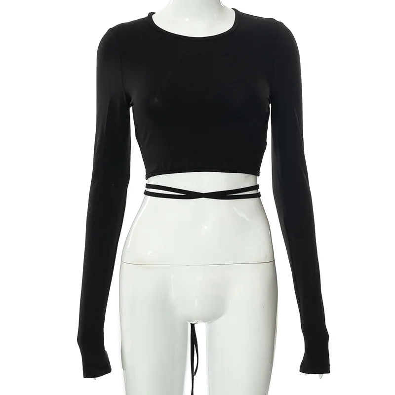 Sexy Backless Lace ups Pullover Tees Women Autumn Black O-neck Slim Longsleeve Short T-Shirt
