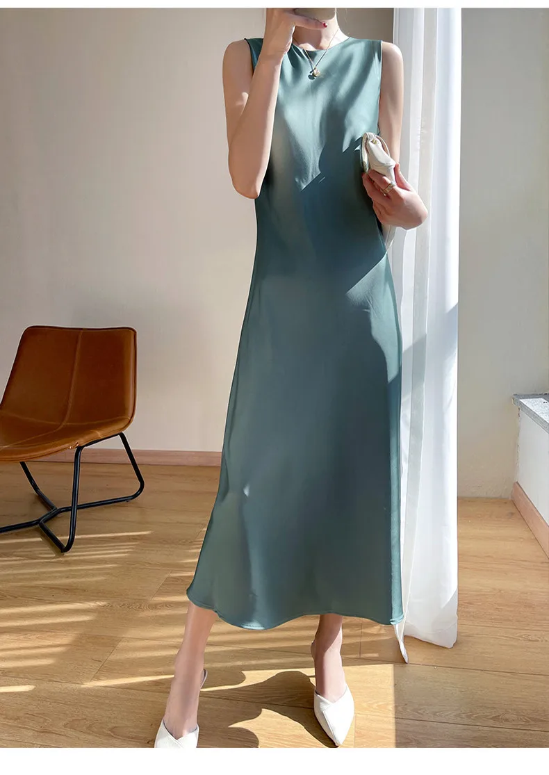 2026 Summer Robe Long Maxi Sundress Fashion Elegant Women's Acetate Satin Dresses Sexy Artificial Silk Sleeveless Party Dress