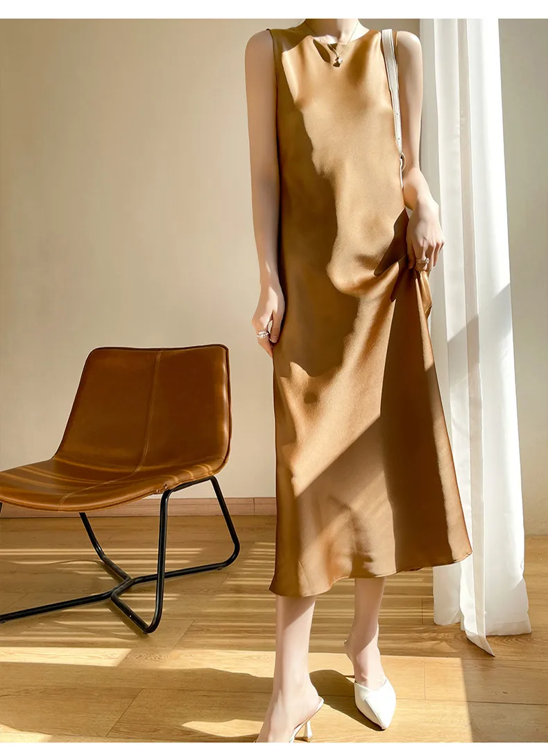2026 Summer Robe Long Maxi Sundress Fashion Elegant Women's Acetate Satin Dresses Sexy Artificial Silk Sleeveless Party Dress