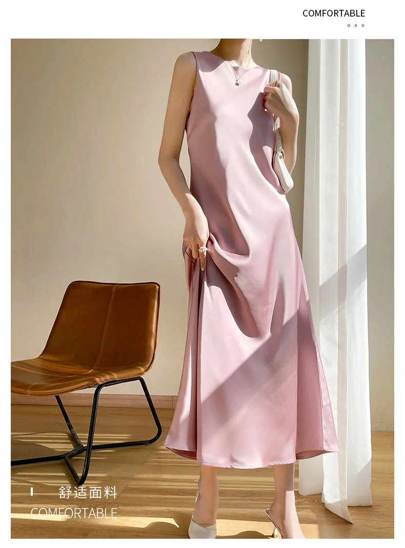 2026 Summer Robe Long Maxi Sundress Fashion Elegant Women's Acetate Satin Dresses Sexy Artificial Silk Sleeveless Party Dress