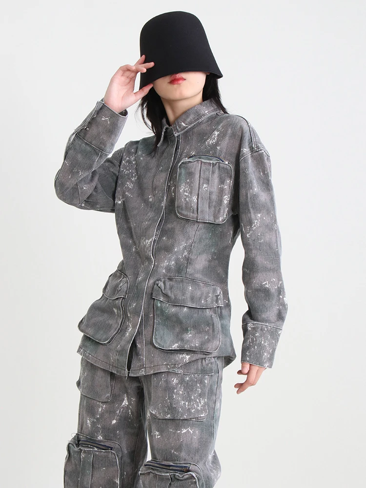 TWOTWINSTYLE Temperament Denim Jackets For Women Lapel Long Sleeve Single Breasted Loose Camouflage Jacket Female Fashion 2023