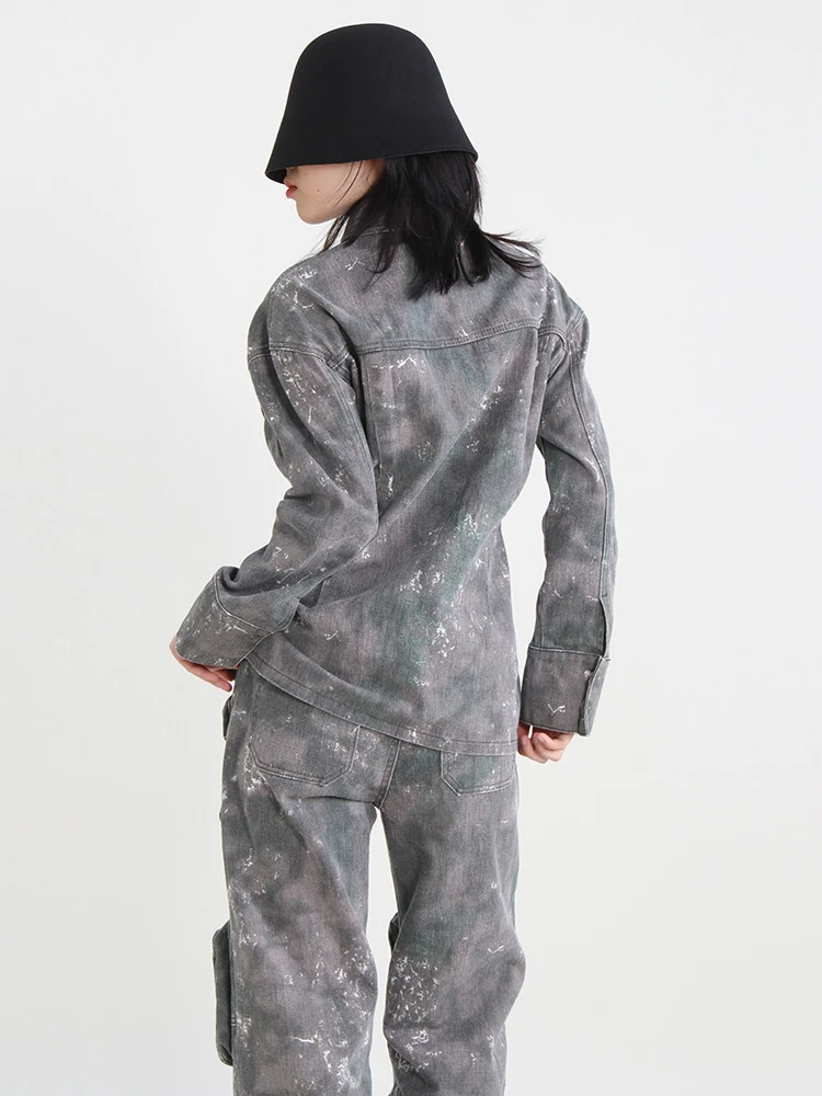 TWOTWINSTYLE Temperament Denim Jackets For Women Lapel Long Sleeve Single Breasted Loose Camouflage Jacket Female Fashion 2023