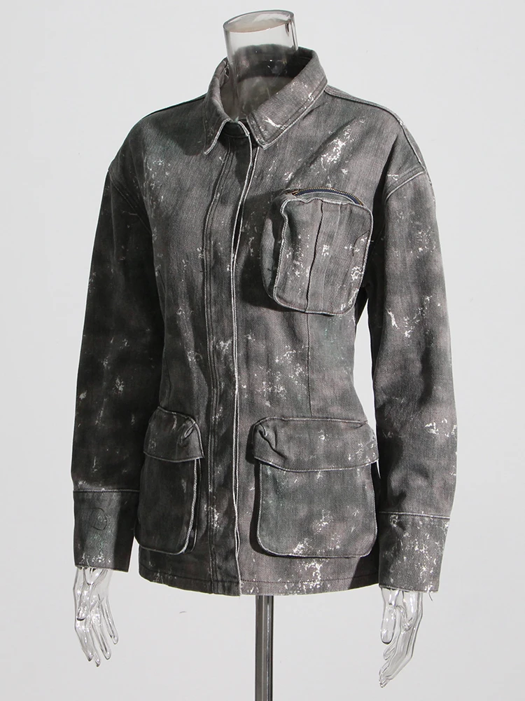 TWOTWINSTYLE Temperament Denim Jackets For Women Lapel Long Sleeve Single Breasted Loose Camouflage Jacket Female Fashion 2023