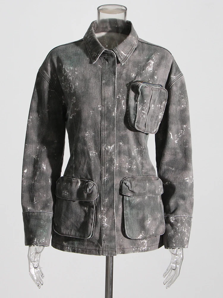TWOTWINSTYLE Temperament Denim Jackets For Women Lapel Long Sleeve Single Breasted Loose Camouflage Jacket Female Fashion 2023