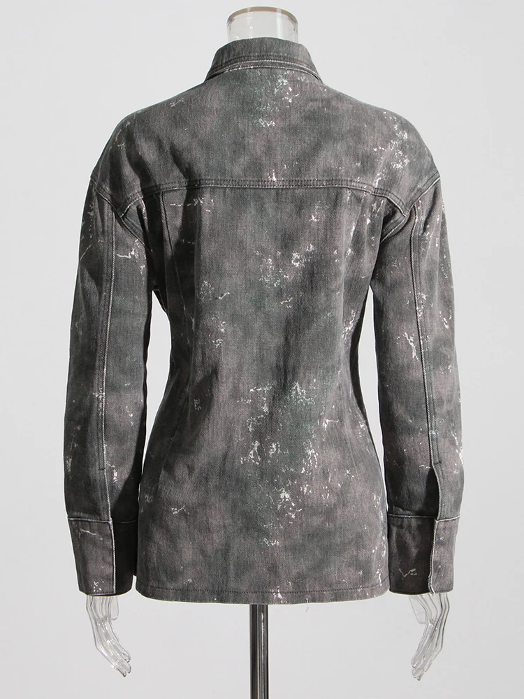 TWOTWINSTYLE Temperament Denim Jackets For Women Lapel Long Sleeve Single Breasted Loose Camouflage Jacket Female Fashion 2023