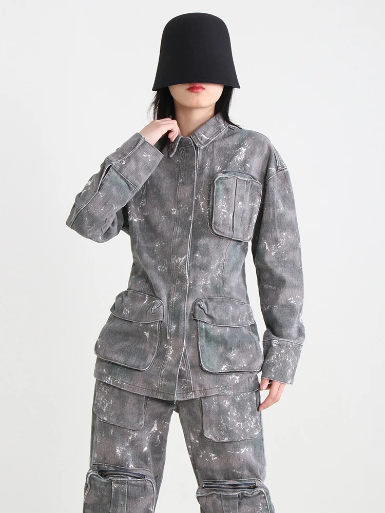 TWOTWINSTYLE Temperament Denim Jackets For Women Lapel Long Sleeve Single Breasted Loose Camouflage Jacket Female Fashion 2023
