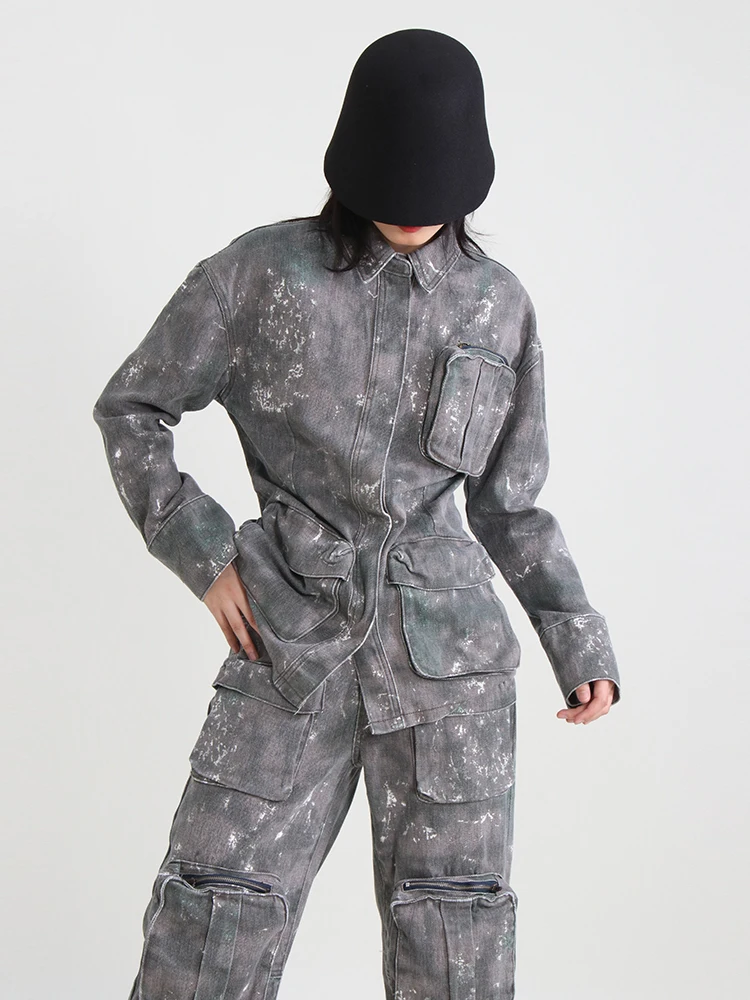 TWOTWINSTYLE Temperament Denim Jackets For Women Lapel Long Sleeve Single Breasted Loose Camouflage Jacket Female Fashion 2023
