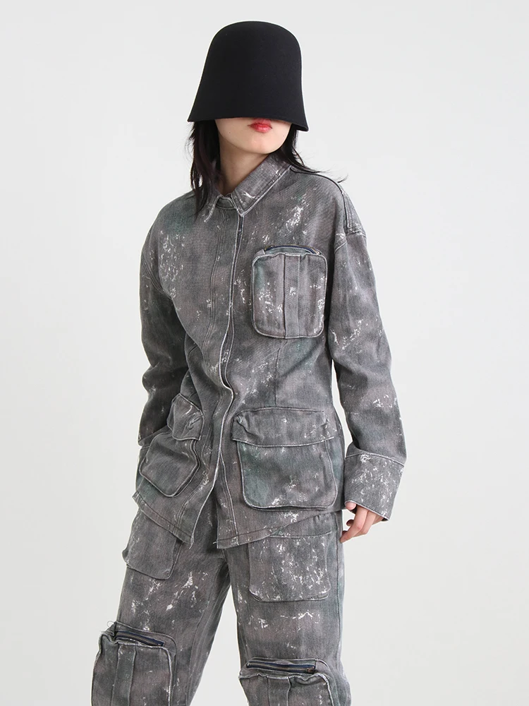 TWOTWINSTYLE Temperament Denim Jackets For Women Lapel Long Sleeve Single Breasted Loose Camouflage Jacket Female Fashion 2023