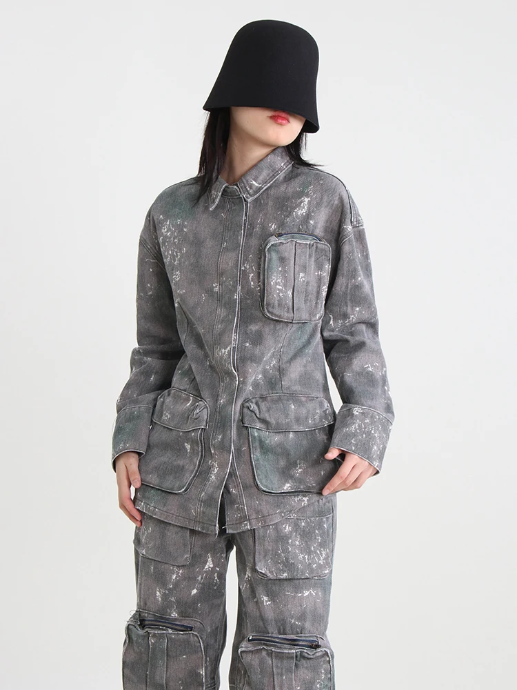 TWOTWINSTYLE Temperament Denim Jackets For Women Lapel Long Sleeve Single Breasted Loose Camouflage Jacket Female Fashion 2023