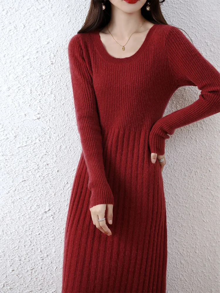Cashmere Sweater Women's Knitted Dresses 100% Merino Wool Autumn Fashion Elegant Dress Winter Female Pullover Casual Long Skirts