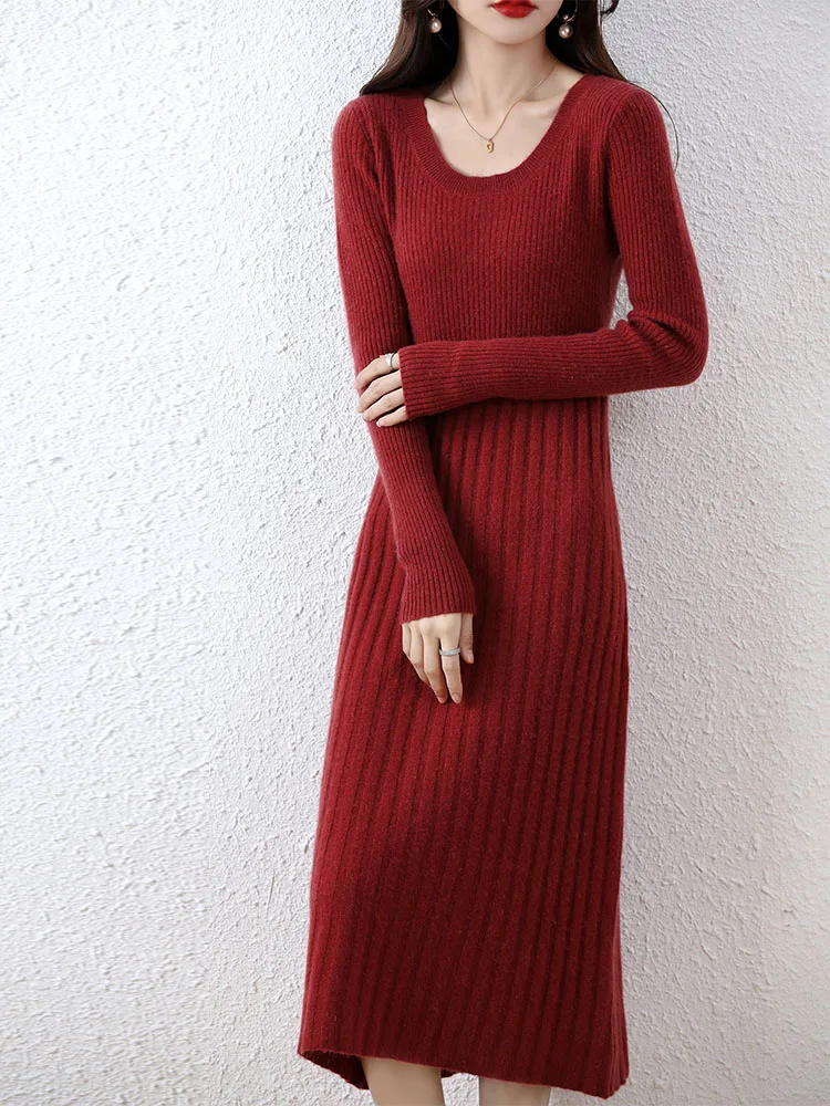 Cashmere Sweater Women's Knitted Dresses 100% Merino Wool Autumn Fashion Elegant Dress Winter Female Pullover Casual Long Skirts