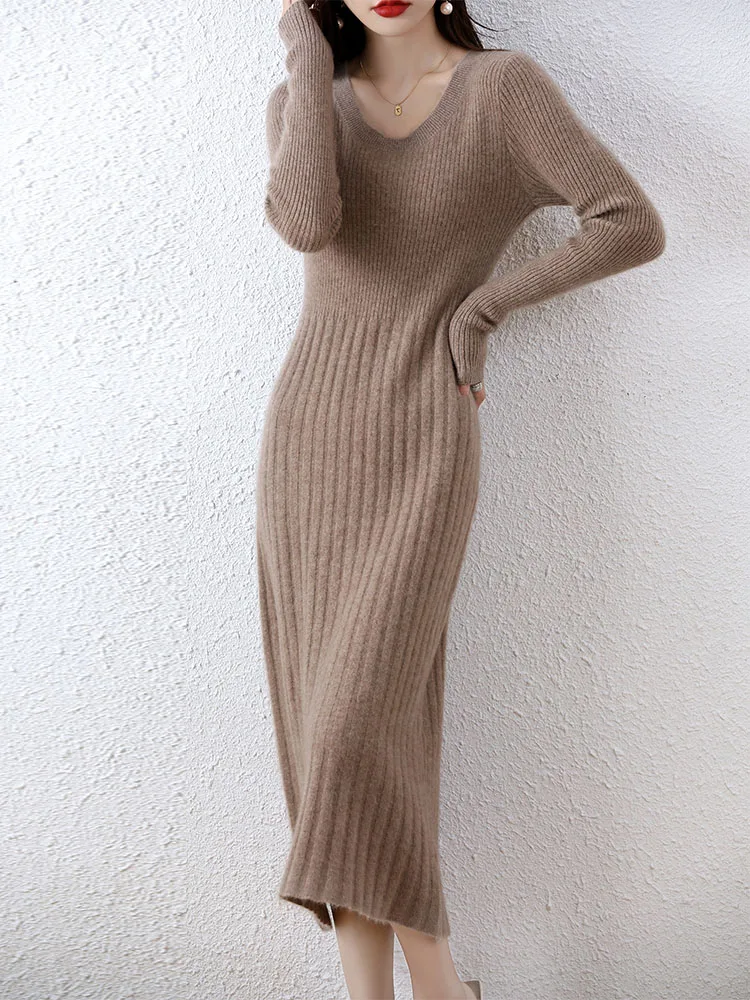 Cashmere Sweater Women's Knitted Dresses 100% Merino Wool Autumn Fashion Elegant Dress Winter Female Pullover Casual Long Skirts