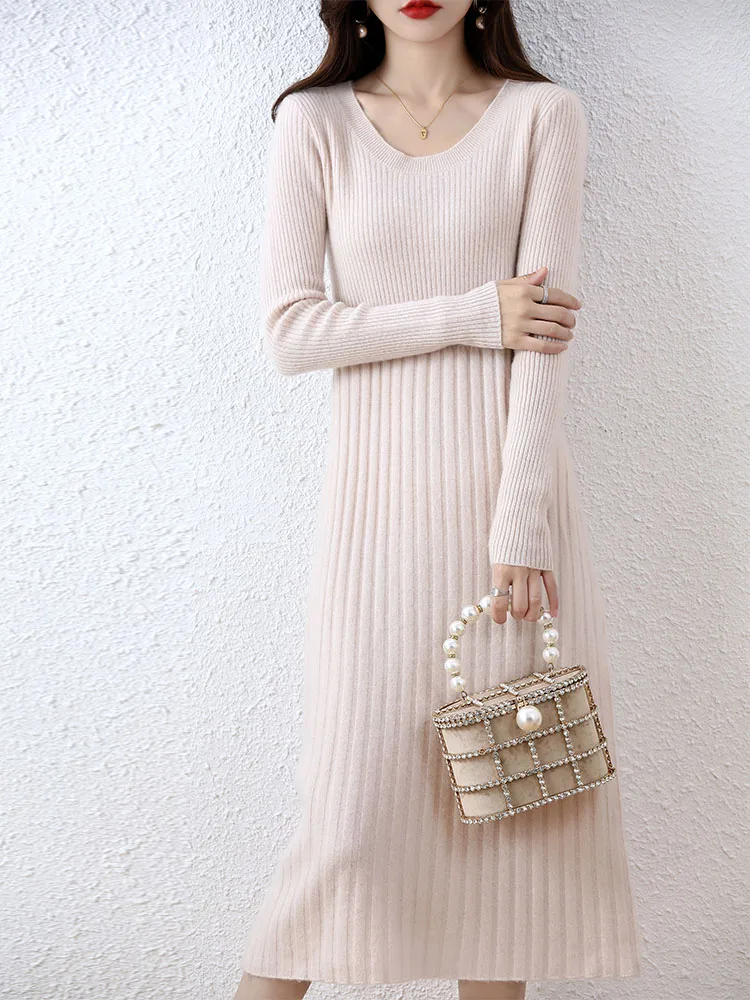 Cashmere Sweater Women's Knitted Dresses 100% Merino Wool Autumn Fashion Elegant Dress Winter Female Pullover Casual Long Skirts