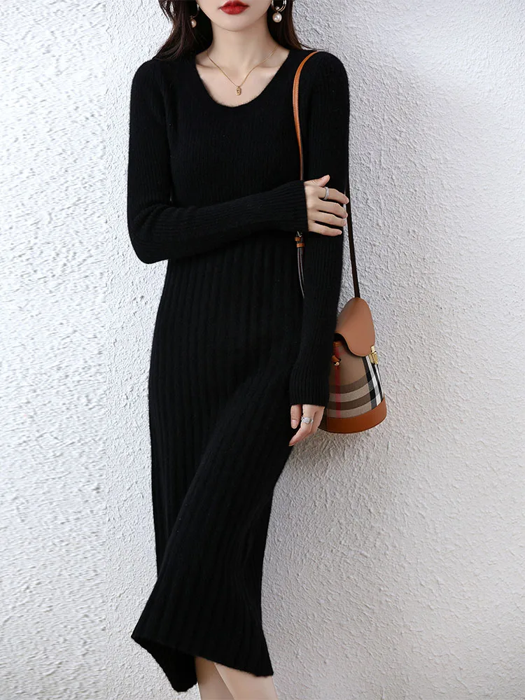 Cashmere Sweater Women's Knitted Dresses 100% Merino Wool Autumn Fashion Elegant Dress Winter Female Pullover Casual Long Skirts